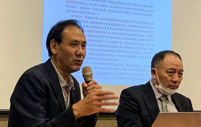 Kelsang Gyaltsen [left], who represents the Tibetan government-in-exile on the democratic island of Taiwan, says 'national unity' programs have led to forced intermarriage between majority Han Chinese and Tibetans. A similar policy has targeted Uyghurs in Xinjiang, RFA has reported. At right is Dawa Cairen, director of the Tibet Policy Research Center. Both were attending the forum this past weekend in Taiwan. Credit: Xia Xiaohua