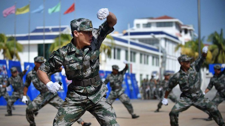 Sansha City’s maritime militia demonstrating knife fighting on Woody Island in the South China Sea. Credit: Xinhua News.