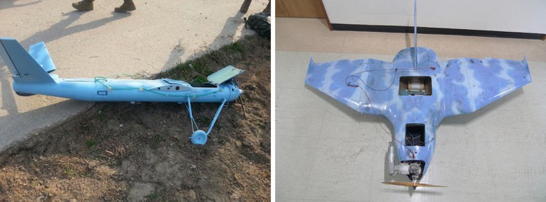 The drone wreckage at left was found on Baengnyeong Island, South Korea, and the drone at right was found in Paju, north of Seoul. Both were found in late March 2014. Credit: AFP/South Korean Defence Ministry