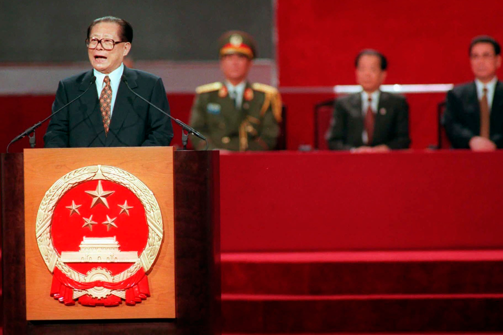 Chinese President Jiang Zemin delivers his speech during the handover ceremony in Hong Kong, June 30, 1997. Credit: Pool via Associated Press