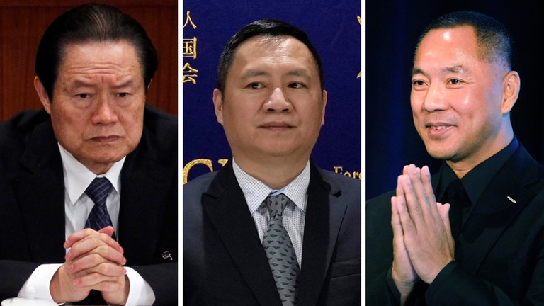 Livestream commentary in the online game “Goose Goose Duck” has included the names Zhou Yongkang, a former Chinese security czar jailed for corruption [left], Wang Dan [center], a former 1989 student leader, and Guo Wengui, or Miles Kwok, [right] who has criticized President Xi Jinping. Credit: Associated Press; Reuters