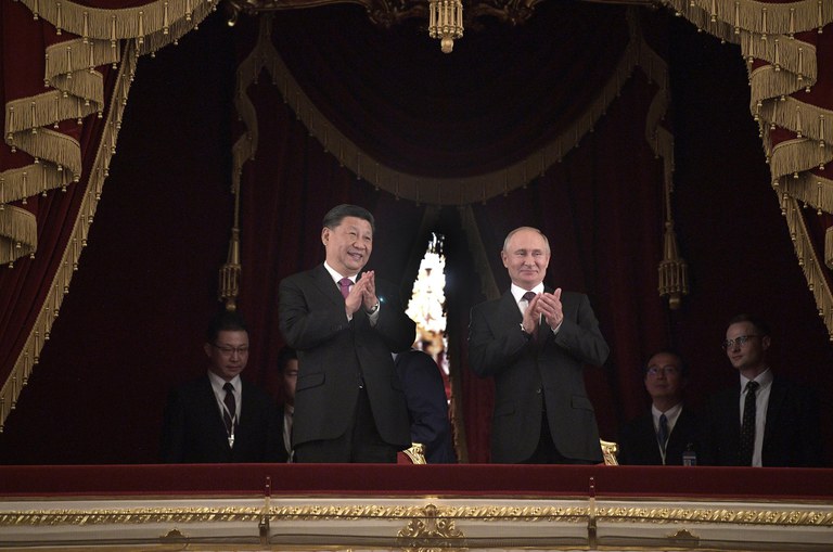 In this June 5, 2019 photo, Russian President Vladimir Putin, right, and Chinese President Xi Jinping attend a gala concert dedicated to the 70th anniversary of the establishment of diplomatic relations between Russia and China in the Bolshoi Theater in Moscow, Russia. Credit: Alexei Druzhinin/Sputnik/AP