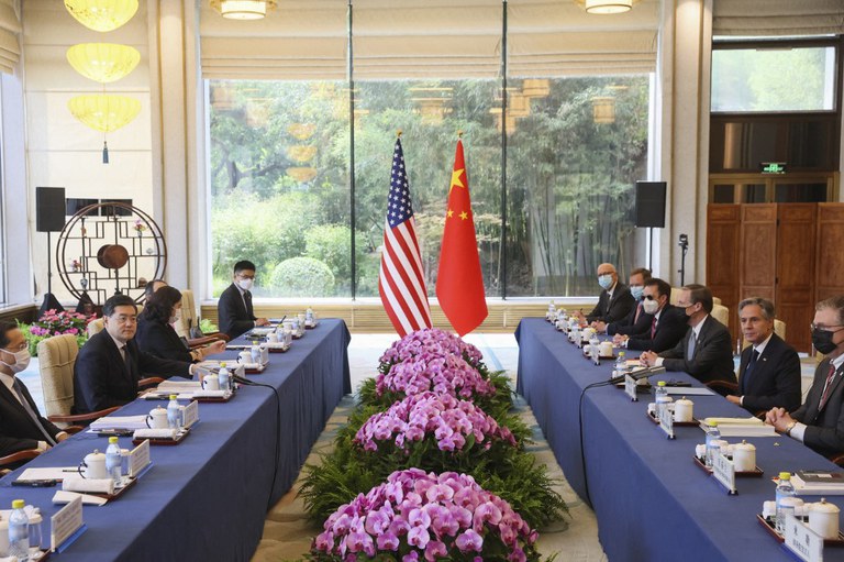 U.S. Secretary of State Antony Blinken (2nd R) and China's Foreign Minister Qin Gang (2nd L) meet at the Diaoyutai State Guesthouse in Beijing on June 18, 2023. Credit: Leah Millis / POOL / AFP