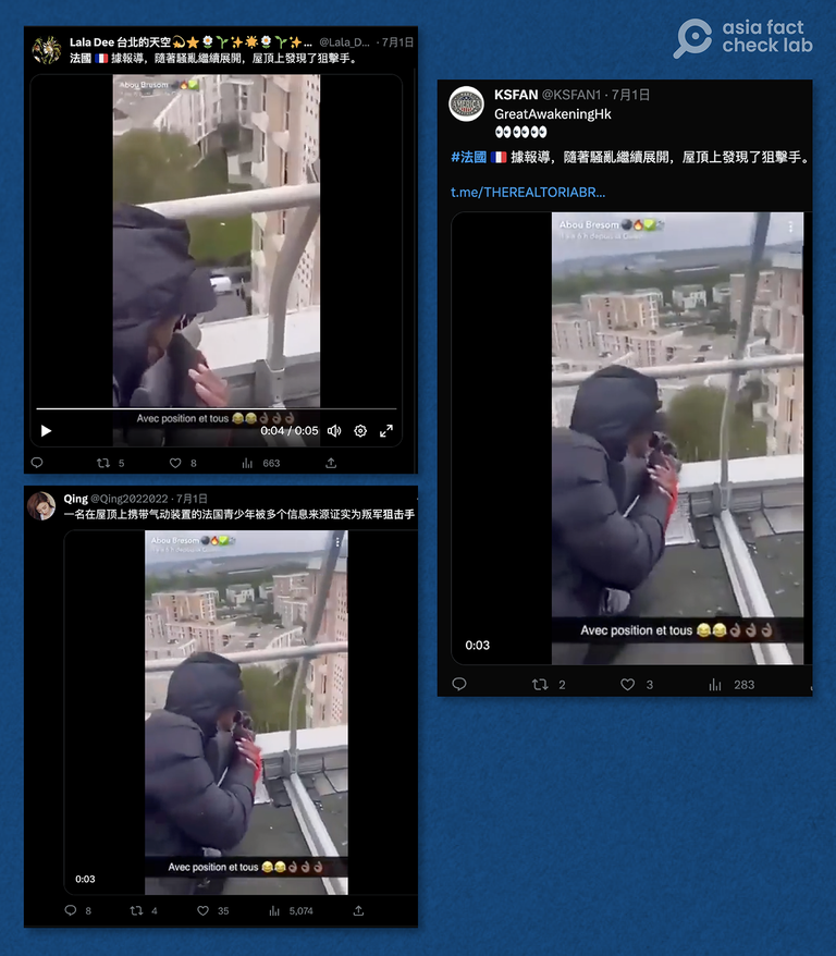 Chinese Twitter users reposted an image of a person who they all separately claim is a sniper amidst the riots in France. Screenshot from Twitter.