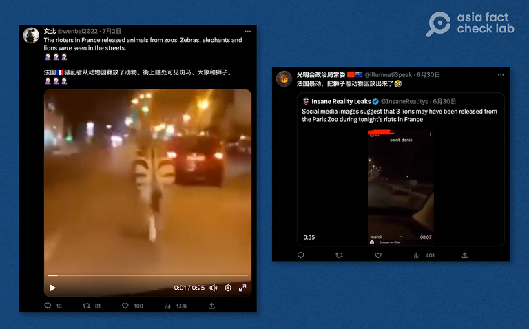 Chinese netizens on Twitter posted videos of animals escaping from the riots in France, including both a zebra (left) and a lion (right). Credit: screenshot from Twitter.