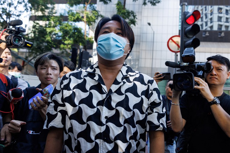 Derek Yuen, son of Elmer Yuen, one of the eight overseas activists wanted by the police, leaves from the police station after being taken to the police station for investigation, in Hong Kong, Monday, July 24, 2023. Credit: Tyrone Siu/Reuters