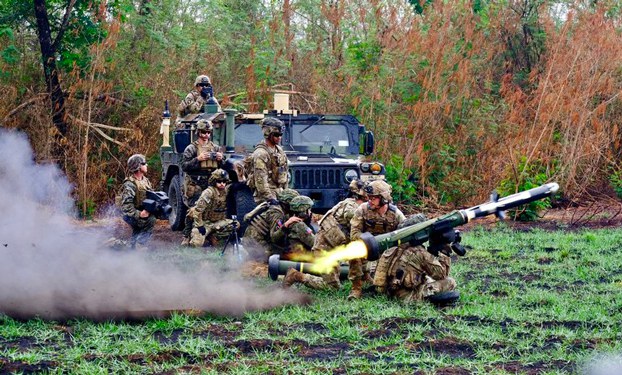 Filipino and U.S. soldiers launch a Javelin anti-tank missile during live-fire joint exercises at the Fort Magsaysay military reservation in Nueva Ecija province, northern Philippines, April 13, 2023. Credit: Jason Gutierrez/BenarNews