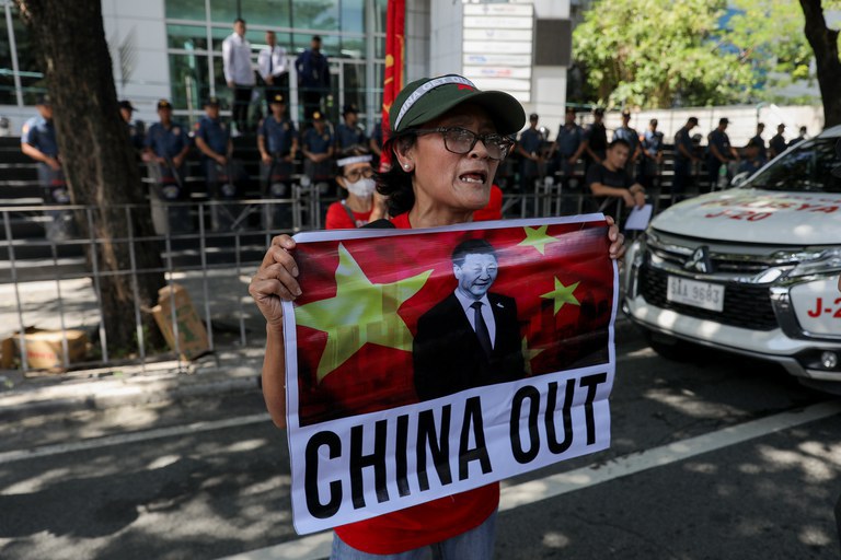 A Filipina takes part in a protest outside the Chinese consulate in Metro Manila, Aug. 11, 2023. Credit: Basilio Sepe/BenarNews