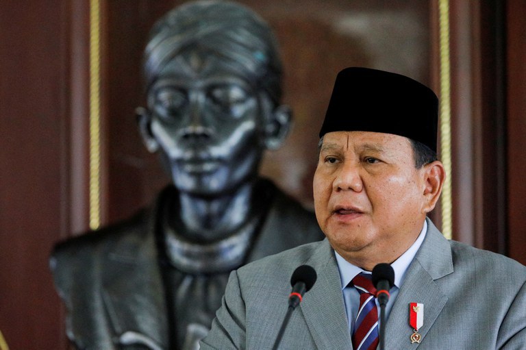 Indonesian Defense Minister Prabowo Subianto speaks during a news conference in Jakarta, Nov. 21, 2022. Credit: Willy Kurniawan/Pool/Reuters file photo