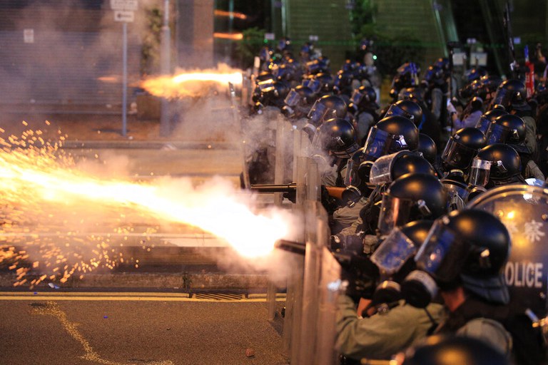 Hong Kong police fire tear gas at protesters in Sai Wan, Hong Kong , July 28, 2019. Credit: Associated Press