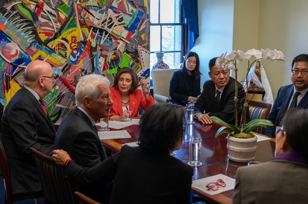 Sikyong Penpa Tsering (2nd from R) and International Campaign for Tibet Chairman Richard Gere (2nd from L), meet with former House Speaker Nancy Pelosi (3rd from L) at the US Capitol in Washington, DC, Oct. 18, 2023. Credit: Gemunu Amarasinghe/RFA