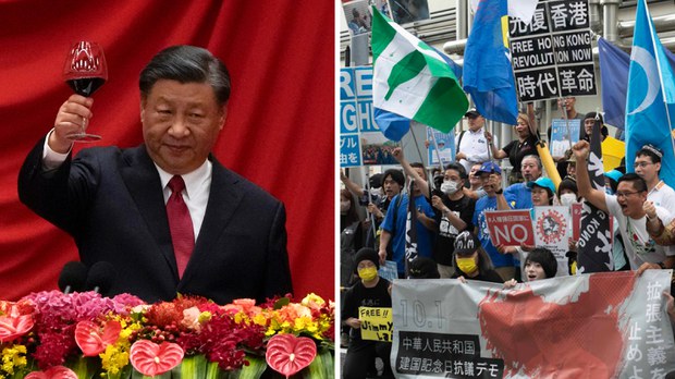 On National Day, Xi calls for unity and protesters march overseas