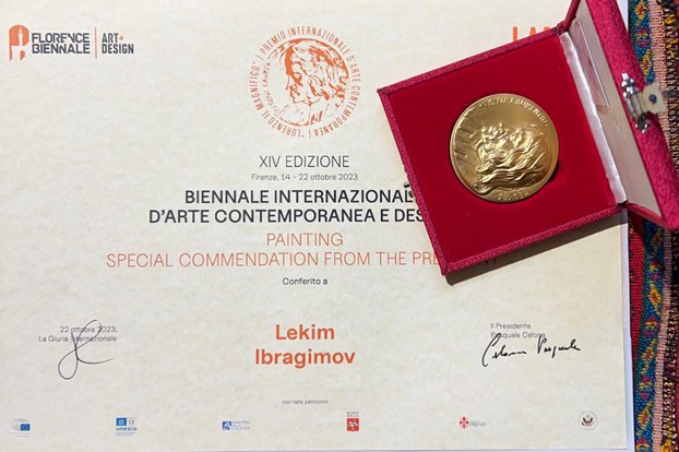 The special commendation certificate and medal presented to Uyghur artist Lékim Ibragimov at the 2023 Florence Biennale contemporary art exhibition in Florence, Italy, October 2023. Credit: courtesy of Lékim Ibragimov