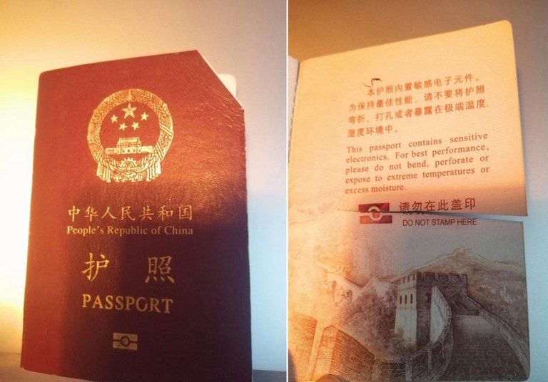 The corner on Guo Zhenming’s passport was clipped and the back cut by police. Credit: Provided by Guo Zhenming