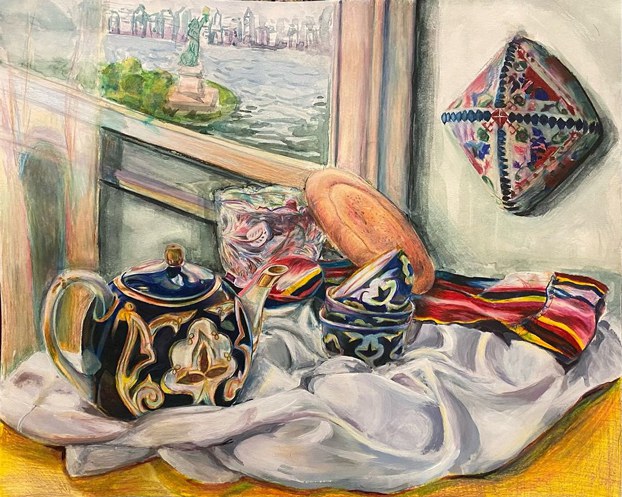 In second place, ‘Freedom and Liberty’ by Adina Sabir, 16, from the United States, shows a tea set and a wheel of Uyghur flatbread on a table with New York City in the background. (Adina Sabir)