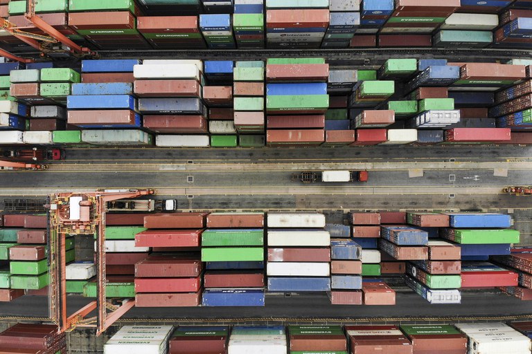 An aerial view shows containers at the Kwai Chung Container Terminal in Hong Kong, China June 6, 2021. (Aleksander Solum/Reuters)