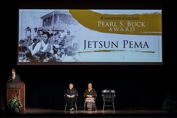 Jetsun Pema (sitting, C), the younger sister of the Dalai Lama attends a ceremony to receive the Pearl S. Buck Award Randolph College in Lynchburg, Virginia, April 18, 2024. (Randolph College photo)