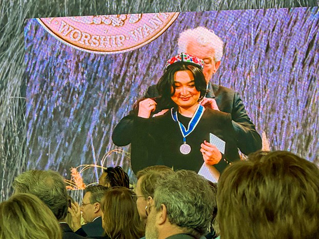 Zumretay Arkin is awarded the Freedom of Worship medal by the Roosevelt Foundation at a ceremony in Middelburg, the Netherlands, April 11, 2024. (Zumretay Arkin via Twitter)